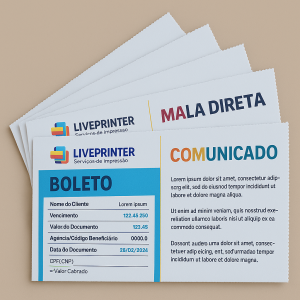 Boleto e Mala Direta Coloridos Impressos em Jato de Tinta – LivePrinter Sulfite 75 gr A4 4x4 - Frente e Verso  2 Dobras / Cola / Serillha 