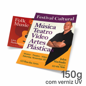 Folheto 150g | 10x14cm | 4/4 | Verniz UV 1/1 Couchê Brilho 150g/m² 10x14cm 4x4 - Frente e Verso Verniz UV Frente e Verso  