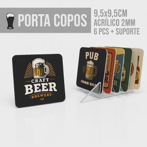 Porta Copo Acrílico | Quadrado | 6Unid. + Suporte Acrílico 9x9 cm Só Frente ou Frente e Verso  Impressão e Corte 